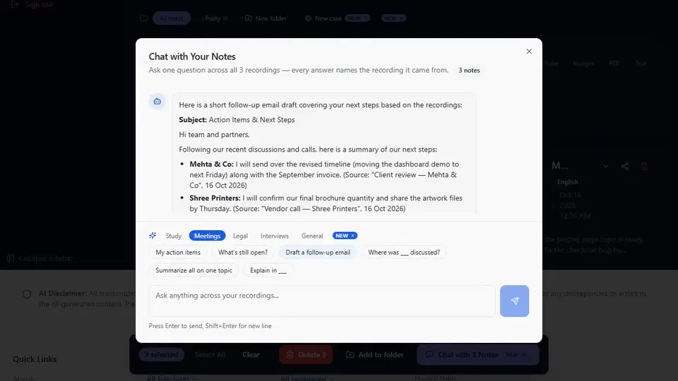 Your action items, then the follow-up email: Select a week of meetings — a standup, a vendor call and a client review; Tap "My action items": each item comes with the meeting it came from; Tap "Draft a follow-up email".