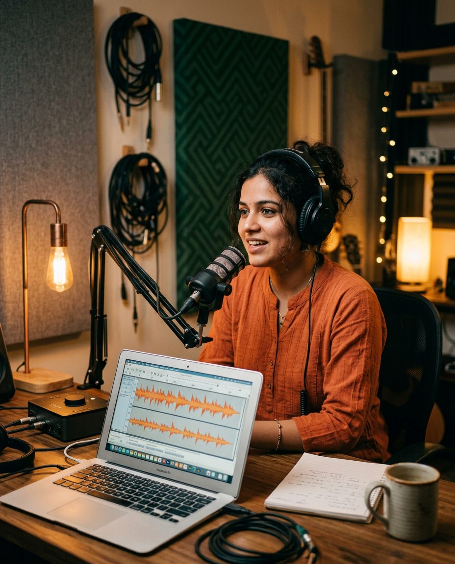 A podcaster speaking into a microphone in a home studio