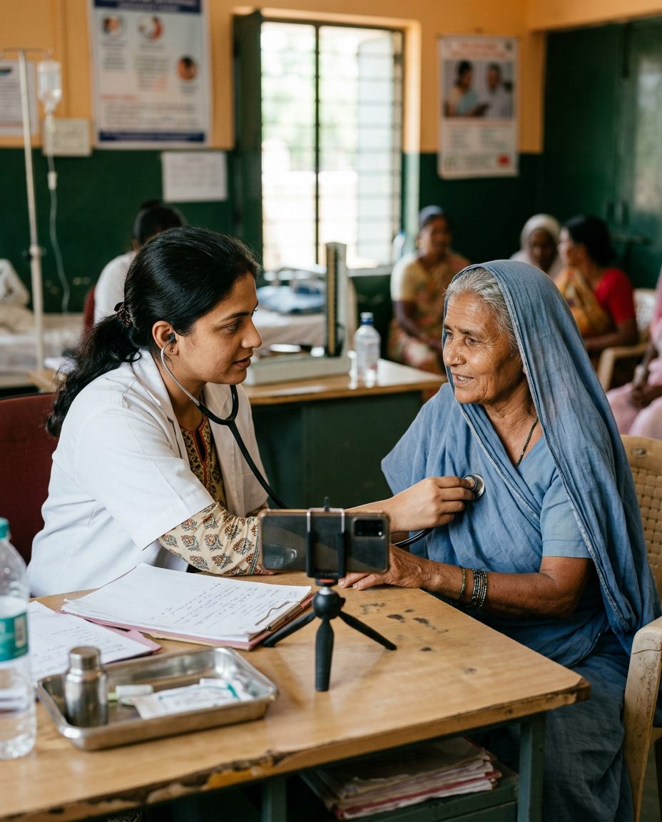 A doctor listening to an elderly patient in a clinic
