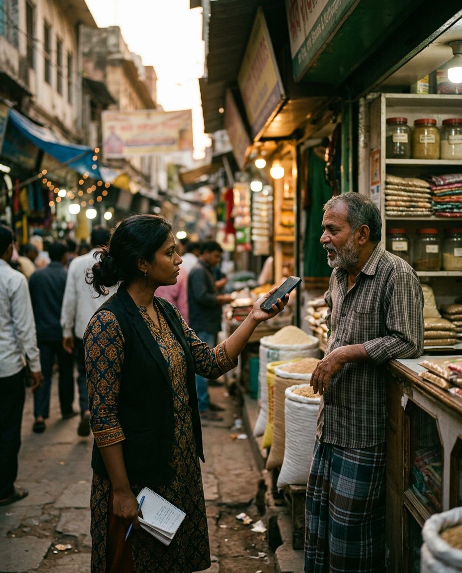 A journalist interviewing a shopkeeper in a market