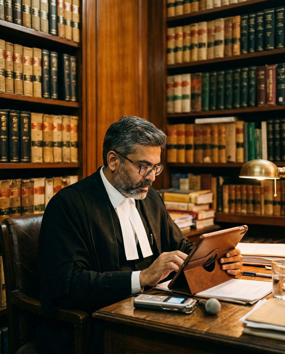 An advocate in his chamber reviewing notes on a tablet
