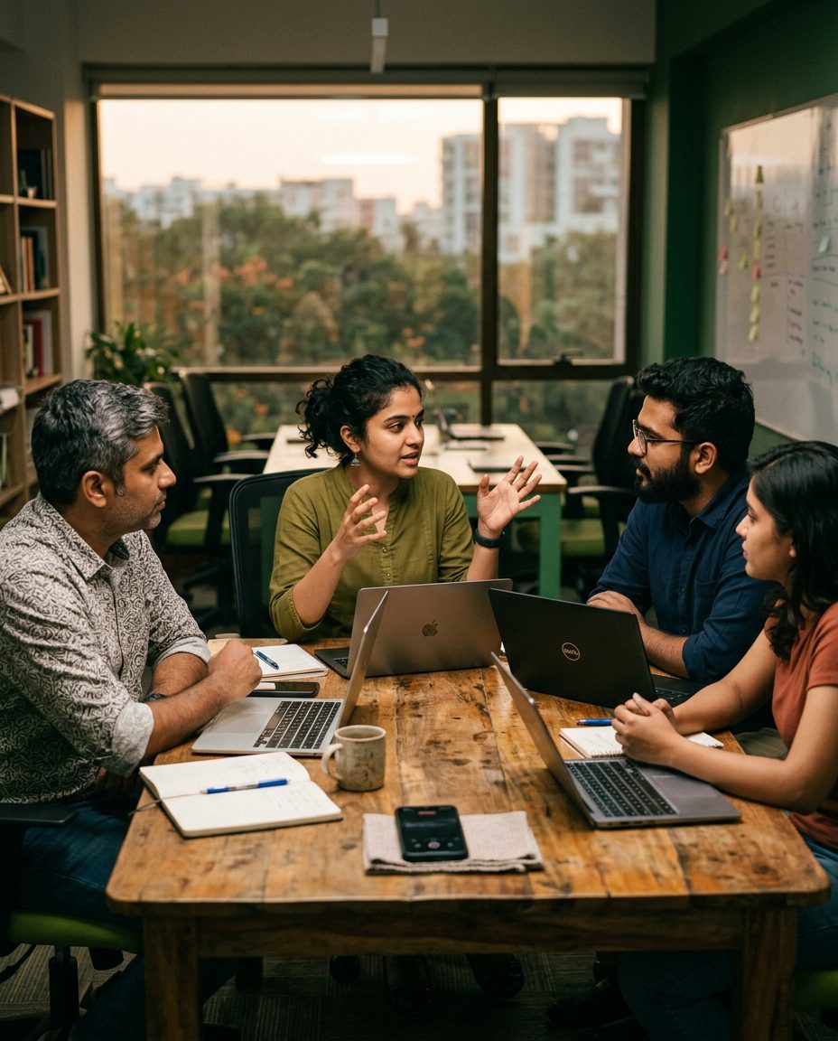 Colleagues in a meeting with a phone recording on the table