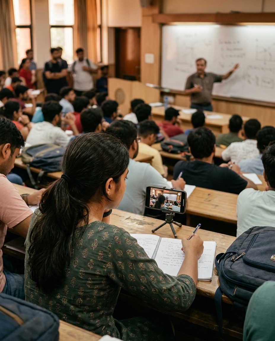A student recording a lecture on her phone