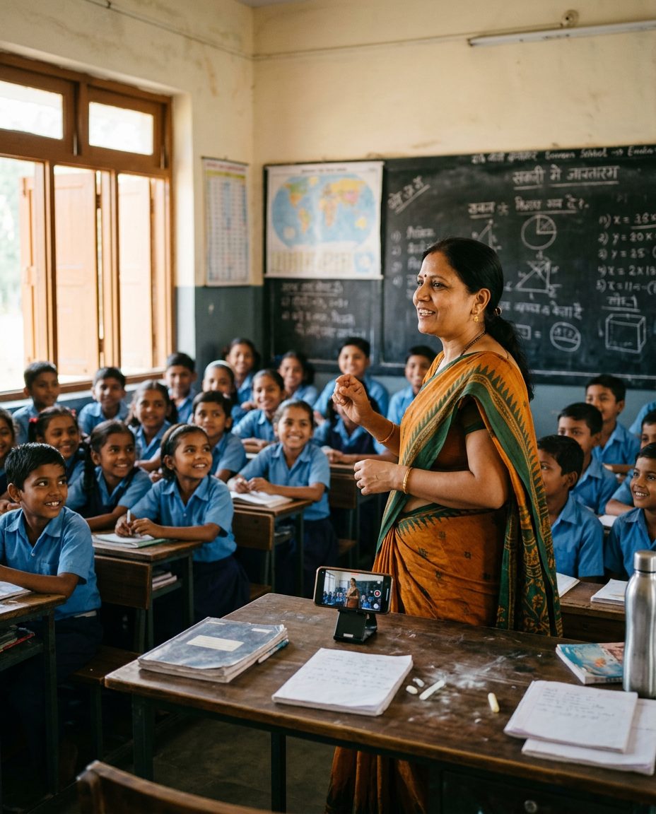 A teacher in a classroom with a phone recording on her desk